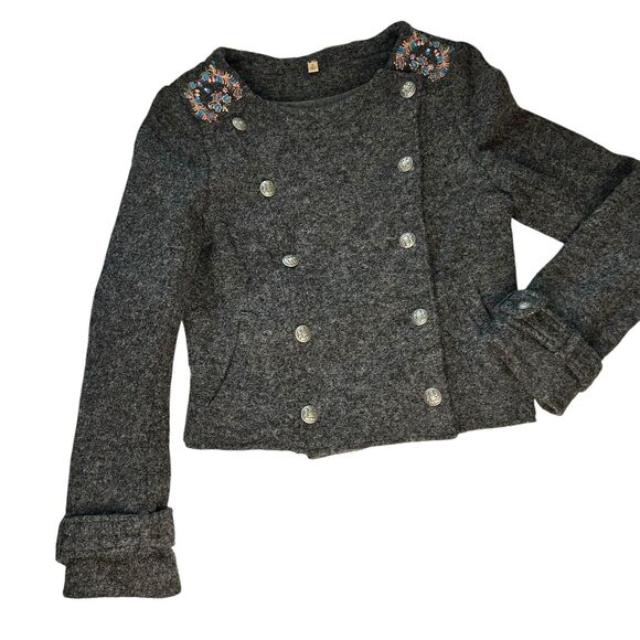 Free People Wool Blend Gray 4 Bohemian Embroidered Pleated Button Jacket Blazer - Picture 13 of 13